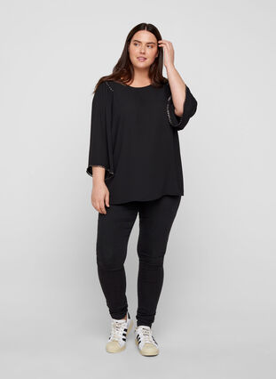 Blouse with 3/4-length Sleeves and Rivets, Black, Model image number 2