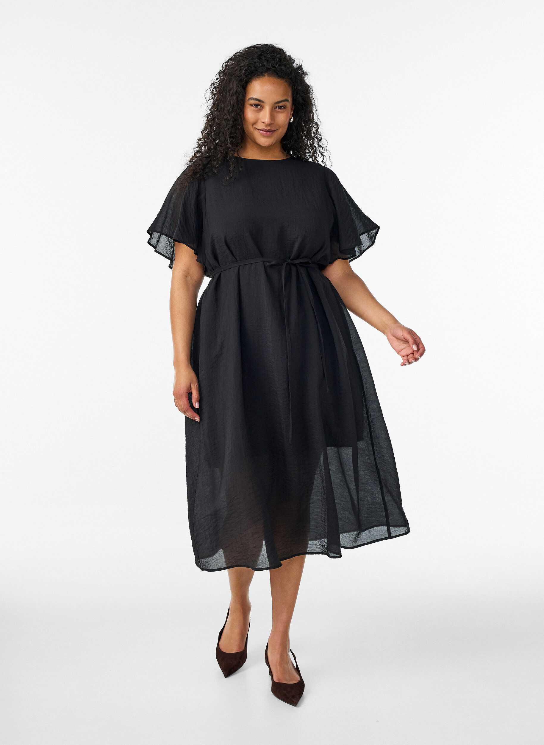 Zizzifashion Ankle-length dress with flutter sleeves and tie-waist, Black, Model image number 0