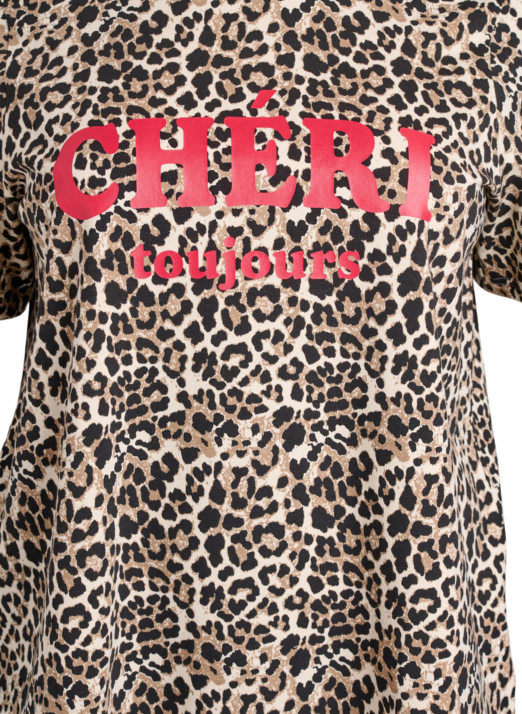 Zizzifashion T-shirt with leopard print and text, Brown, Packshot image number 2