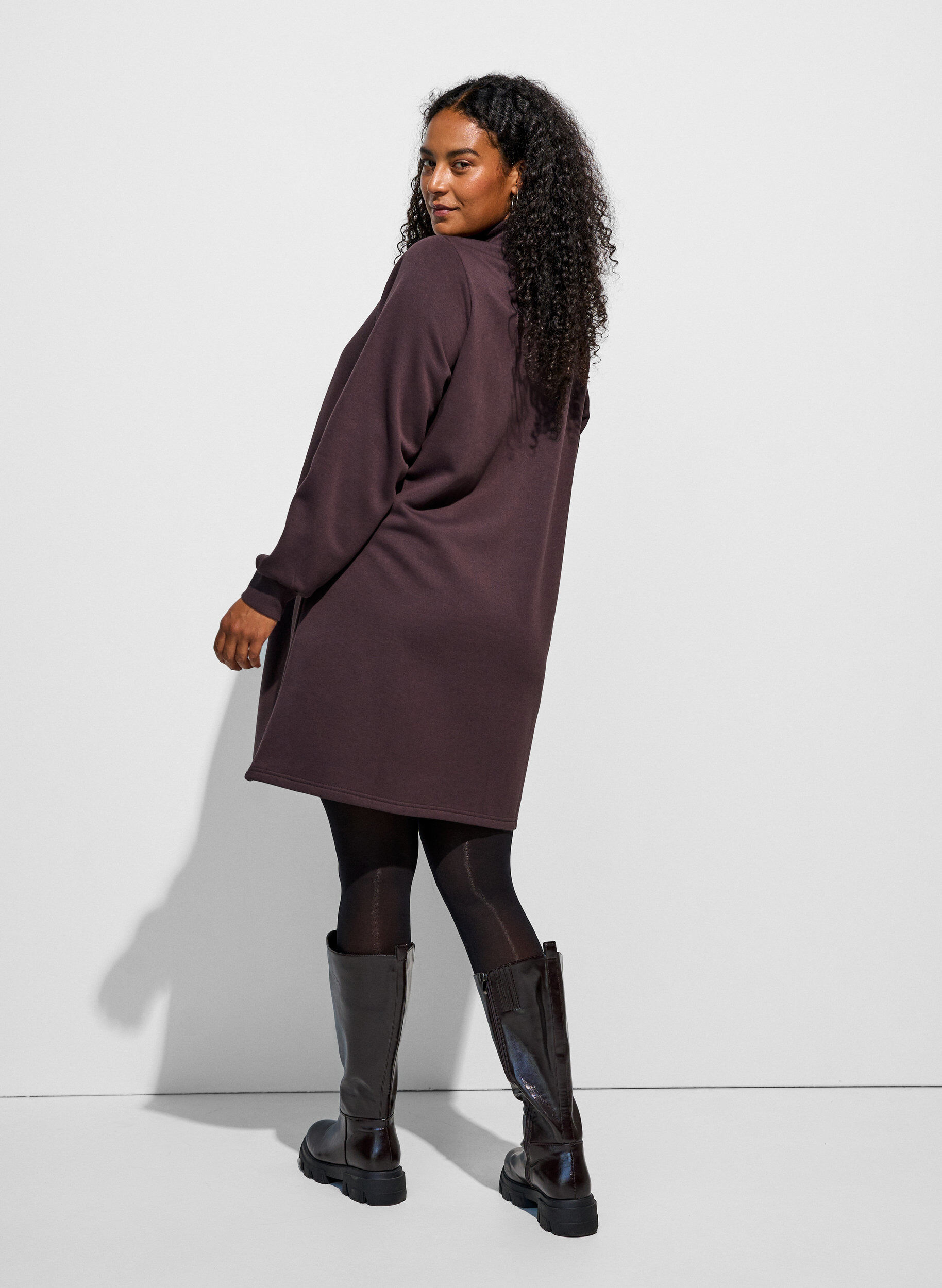 ZizzifashionSweatshirt dress with a high ribbed collar and zip, Brown, Model image number 1