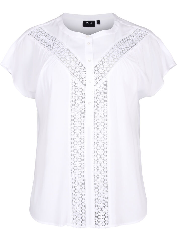 Viscose blouse with lace trim, Bright White, Packshot image number 0