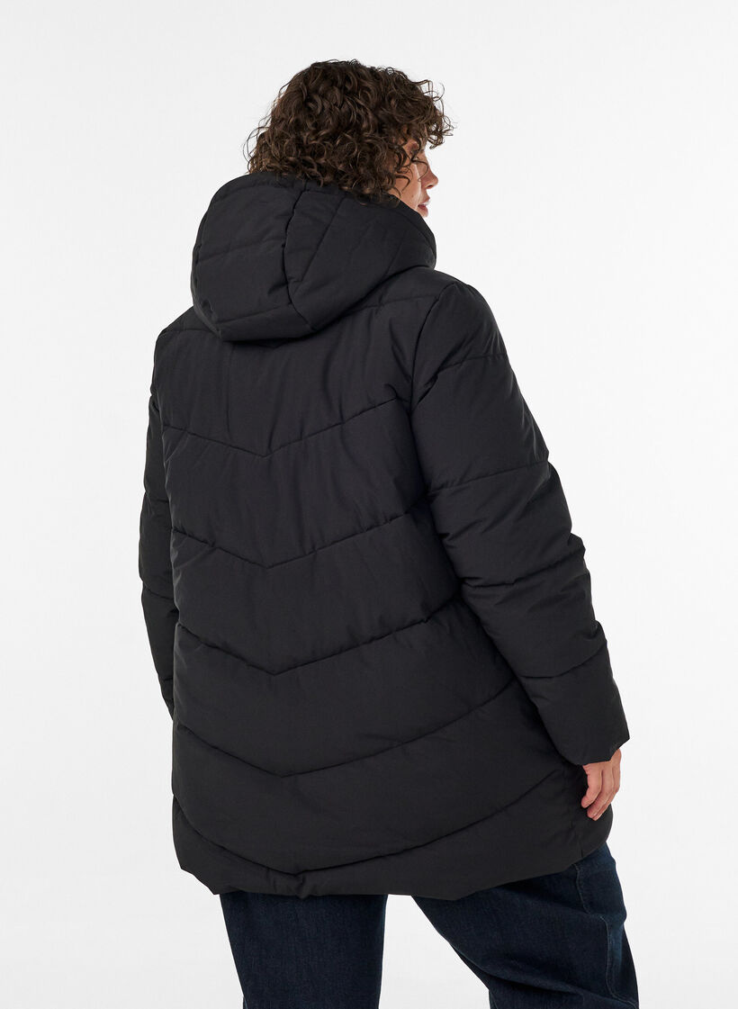 Mid-length puffer jacket with hood, Black, Model image number 2