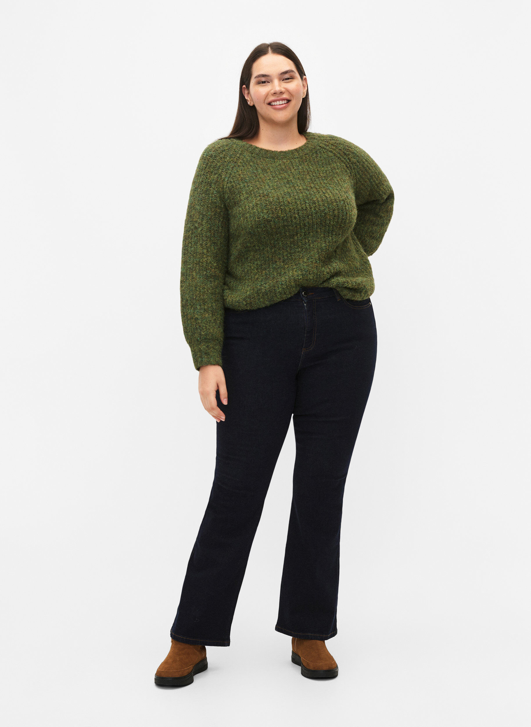 Zizzifashion Knitted sweater with wool and raglan sleeves, Winter Moss, Model image number 2