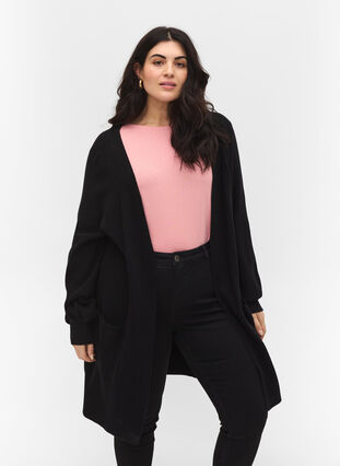 Knitted cardigan with long sleeves and pockets, Black, Model image number 0