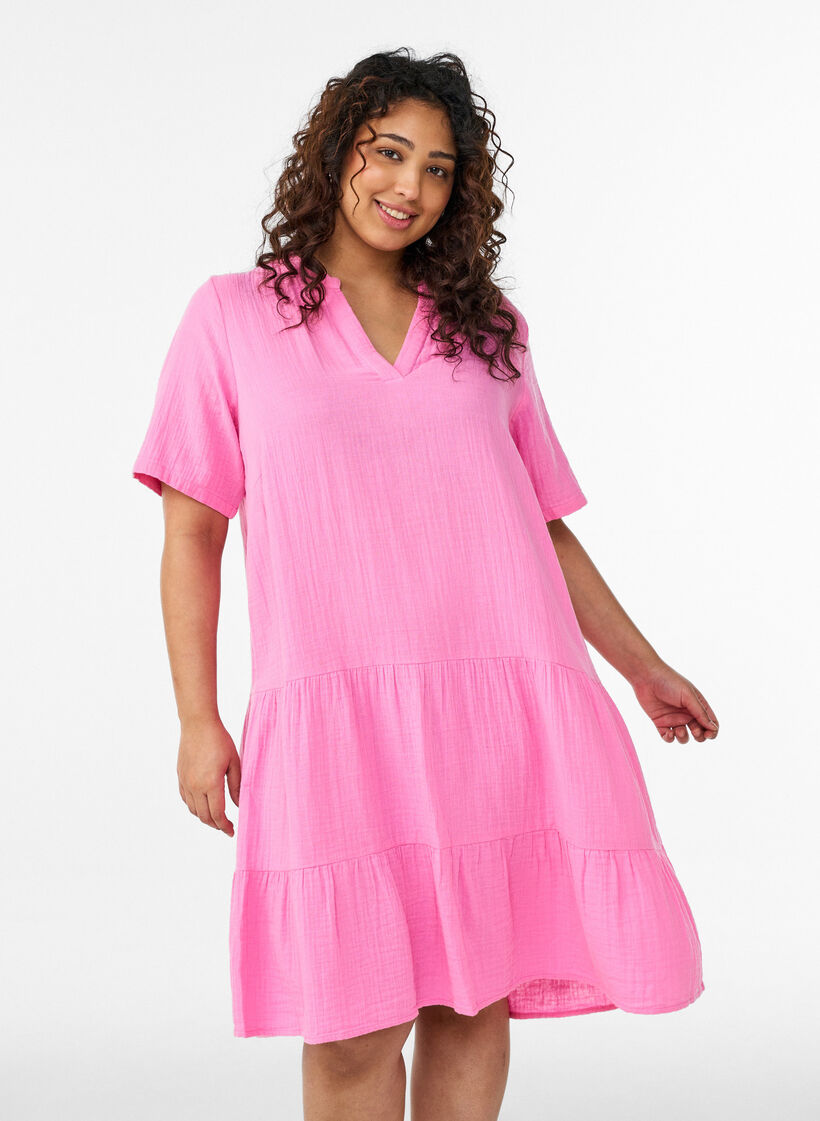 Short A-line dress in cotton muslin, Pink, Model image number 0