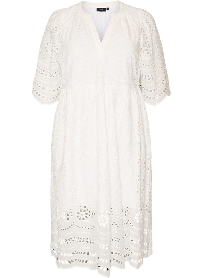 Midi dress with broderie anglaise and an empire line, White, Packshot image number 0