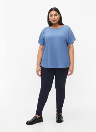 Short sleeved blouse with round neckline, Moonlight Blue, Model image number 2