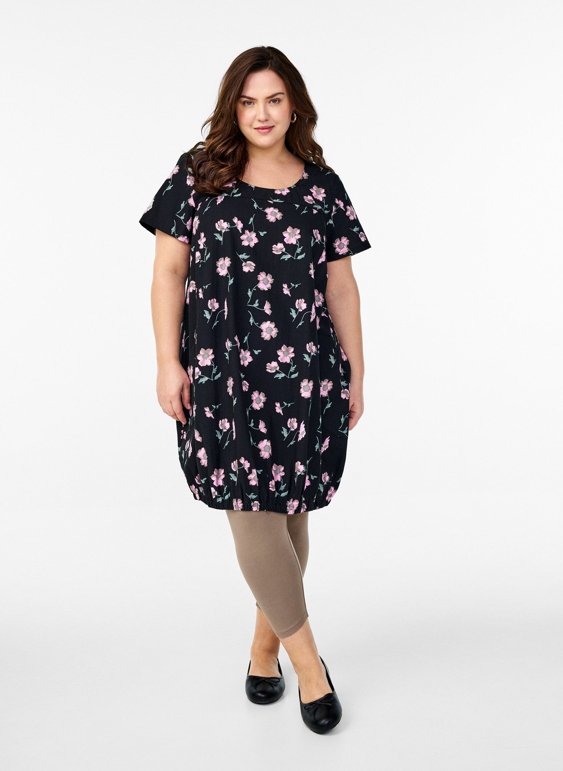 ZizzifashionShort-sleeved cotton dress with print, Black, Model image number 1