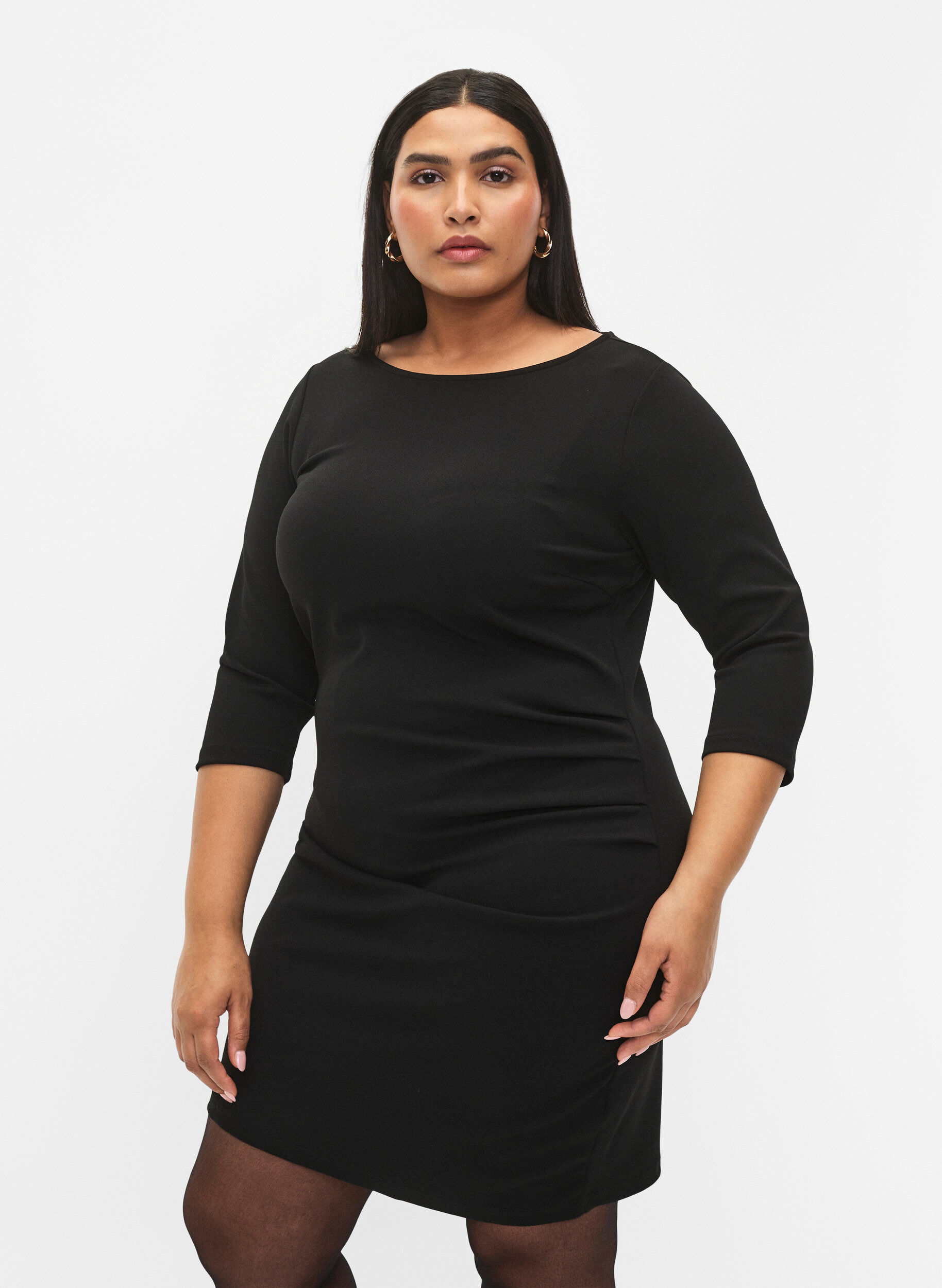 Zizzifashion Dress with draping and 3/4 sleeves, Black, Model image number 0