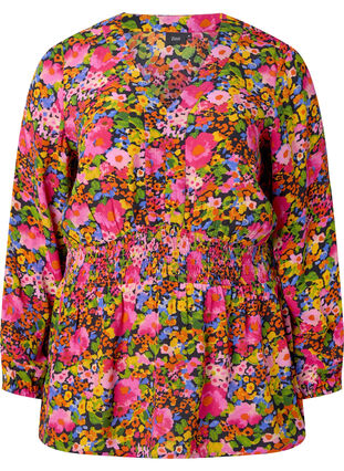 Viscose top with floral print and smock, Neon Flower Print, Packshot image number 0