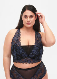 Bra with lace and mesh, Black w. blue lace, Model