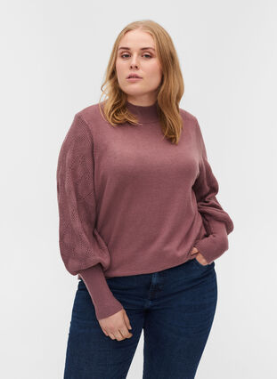 High neck, balloon-sleeved knitted blouse, Rose Taupe Mel., Model image number 0