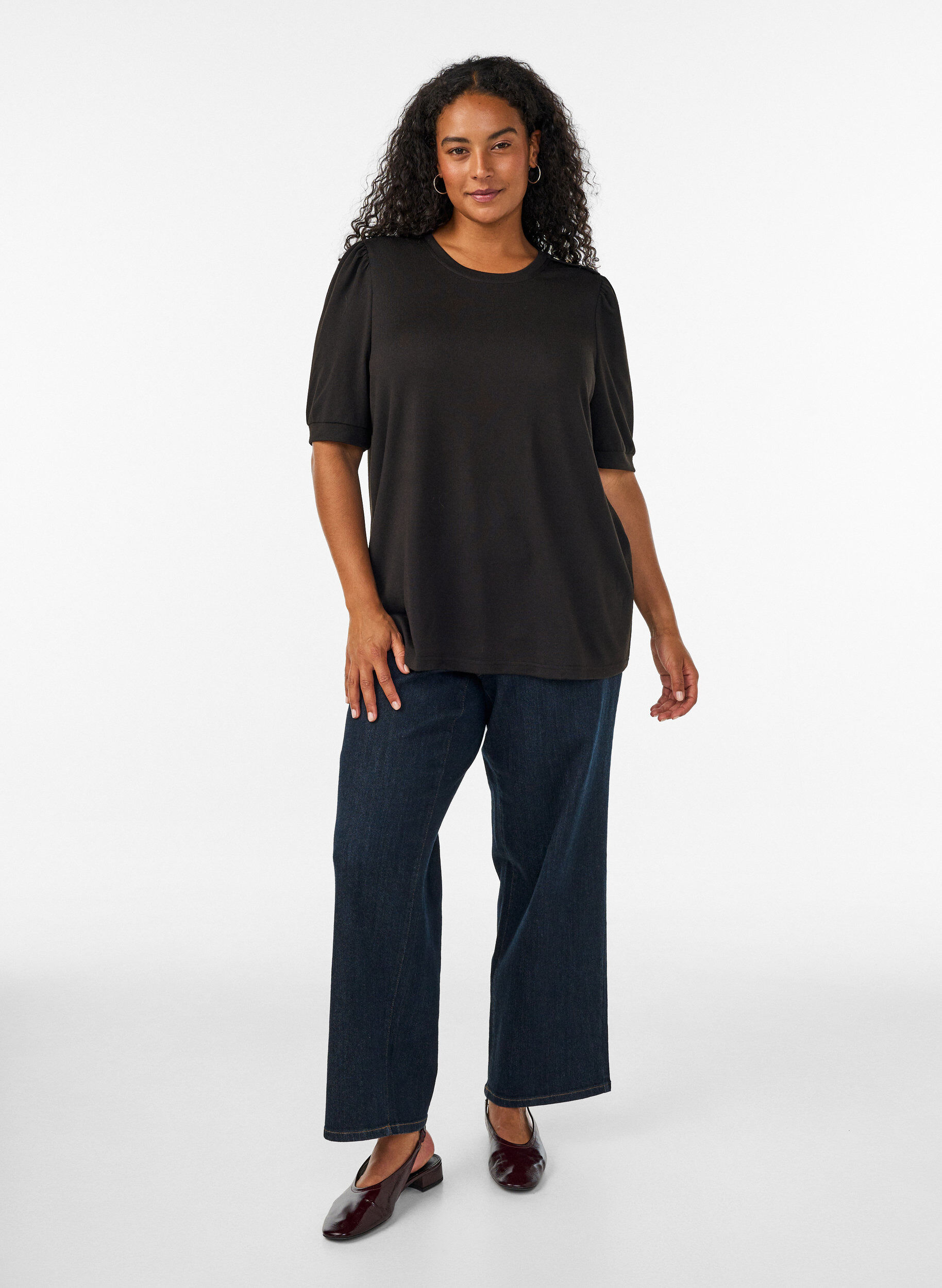 ZizzifashionBlouse with button detail and short puff sleeves, Black, Model image number 1