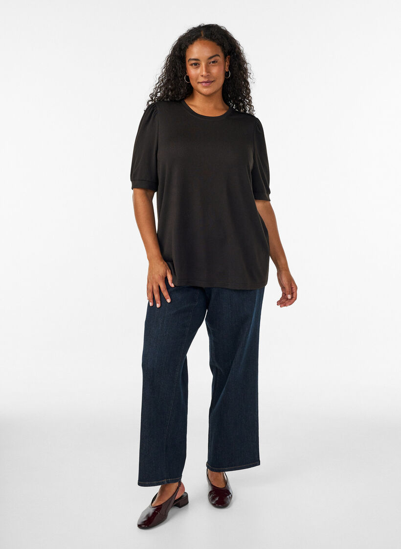 Blouse with button detail and short puff sleeves, Black, Model image number 1