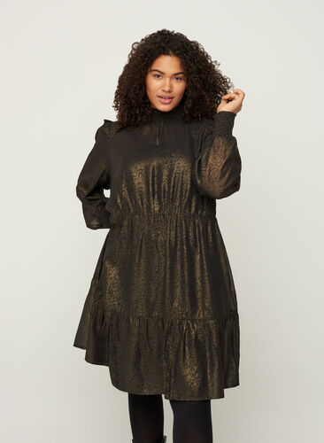 Long-sleeved dress with smocking and ruffles, Black w. Gold, Model image number 0
