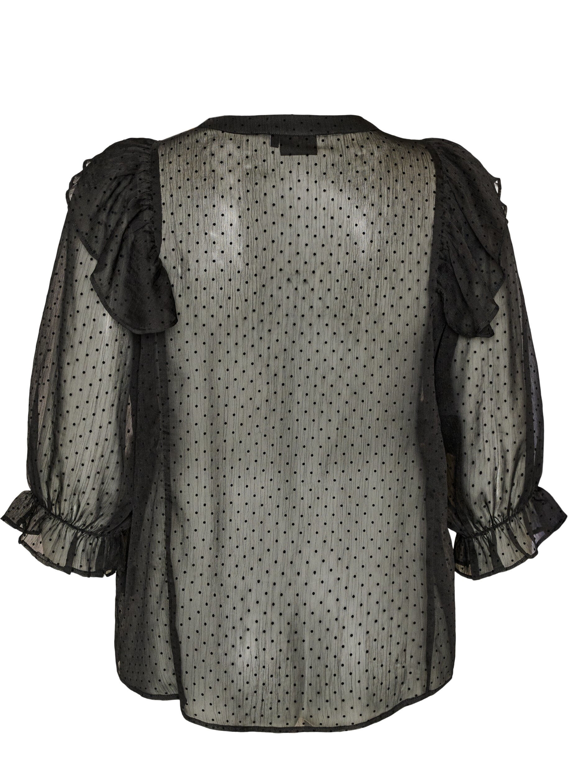 ZizzifashionSheer shirt blouse with dots and ruffle details, Black, Packshot image number 1