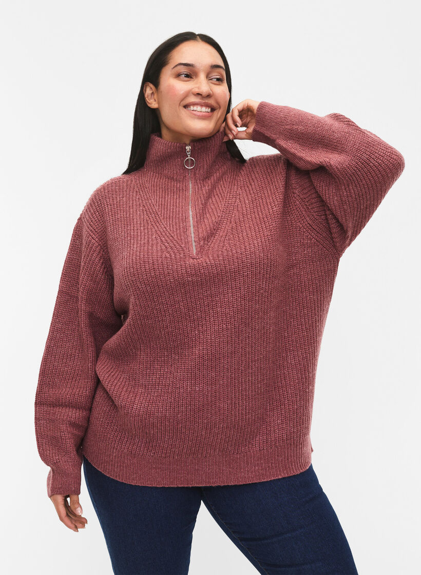 Knitted sweater with high neck and zipper, Red, Model image number 0