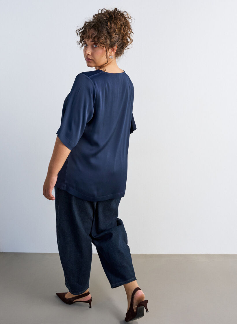 Satin blouse with elbow-length sleeves, Blue, Model image number 2