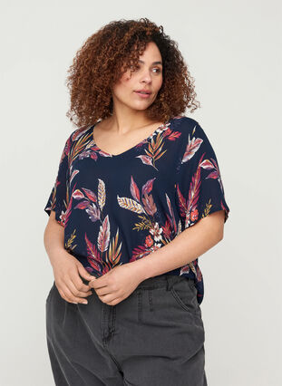 Short-sleeved viscose blouse with v-neck, Indien Summer Flower, Model image number 0