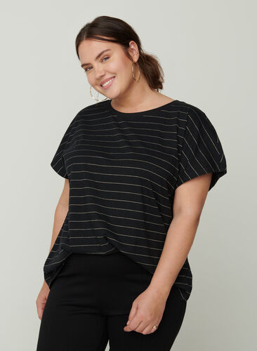 Cotton t-shirt with sparkly stripes, Black w Gold , Model image number 0