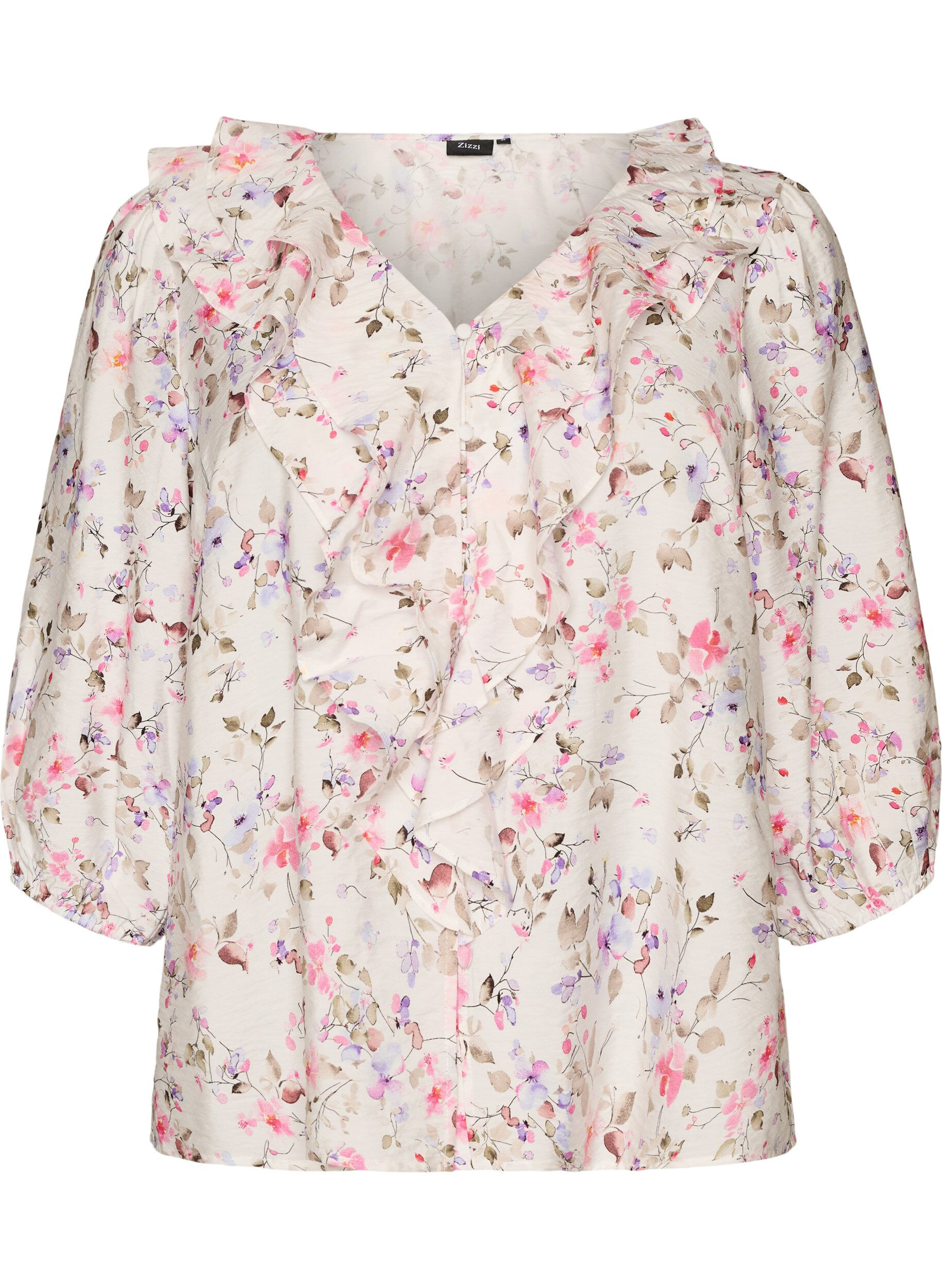 Zizzifashion Viscose blouse with floral print and 3/4 sleeves, Vanilla, Packshot image number 0