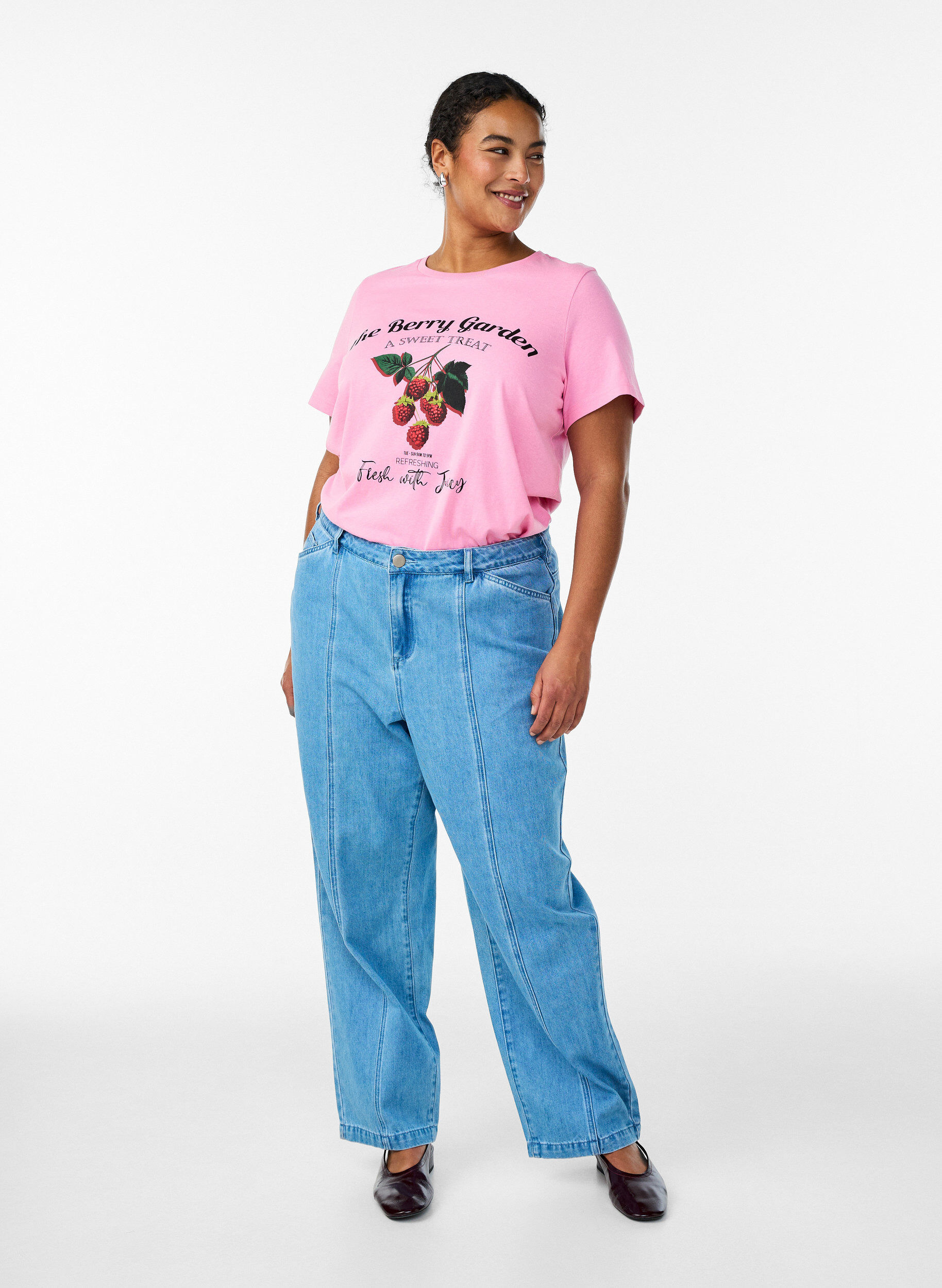 Zizzifashion Cotton t-shirt with fruit print and text, Pink, Model image number 1