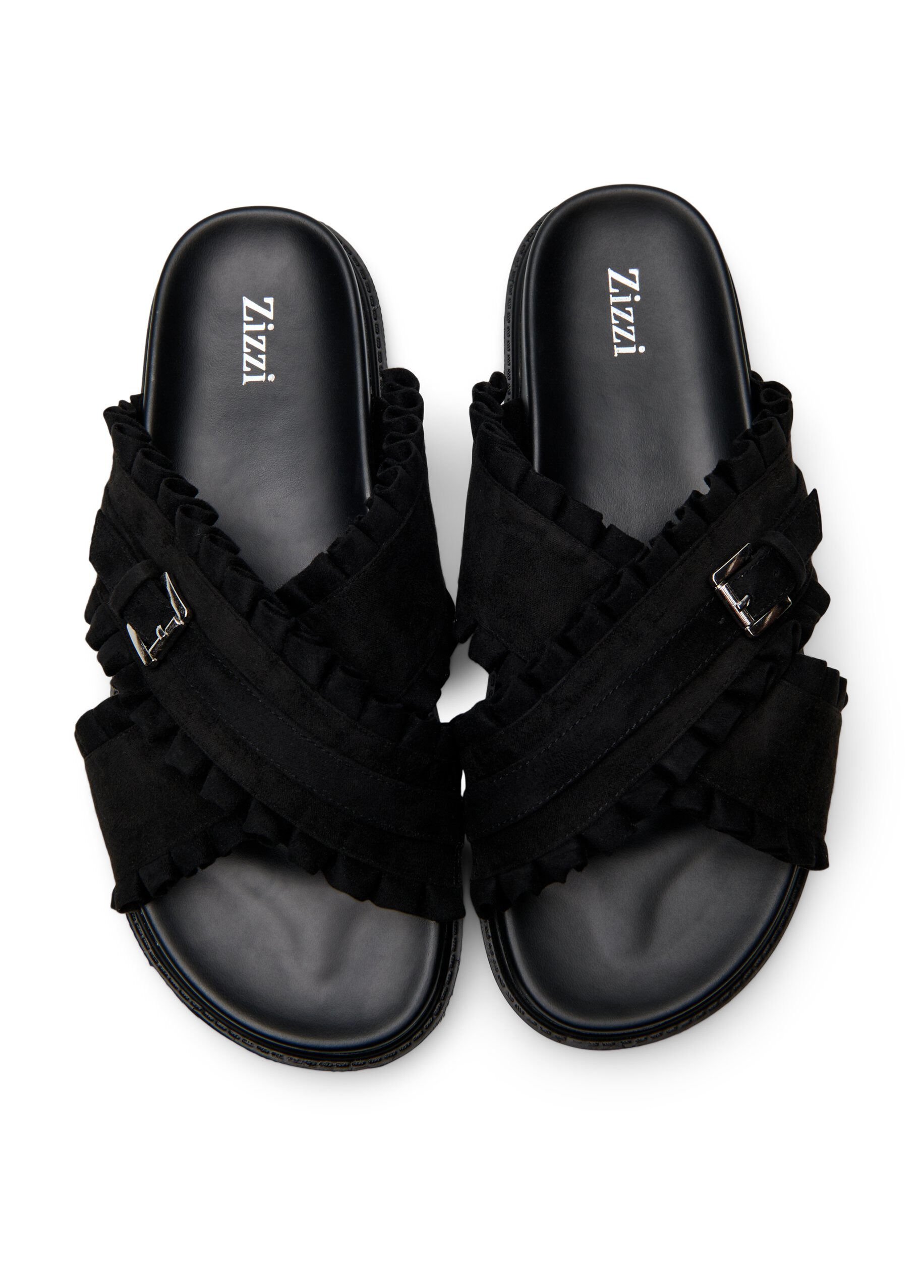 Zizzifashion Wide fit - Sandal with criss-cross straps and ruffle edges, Black, Packshot image number 2