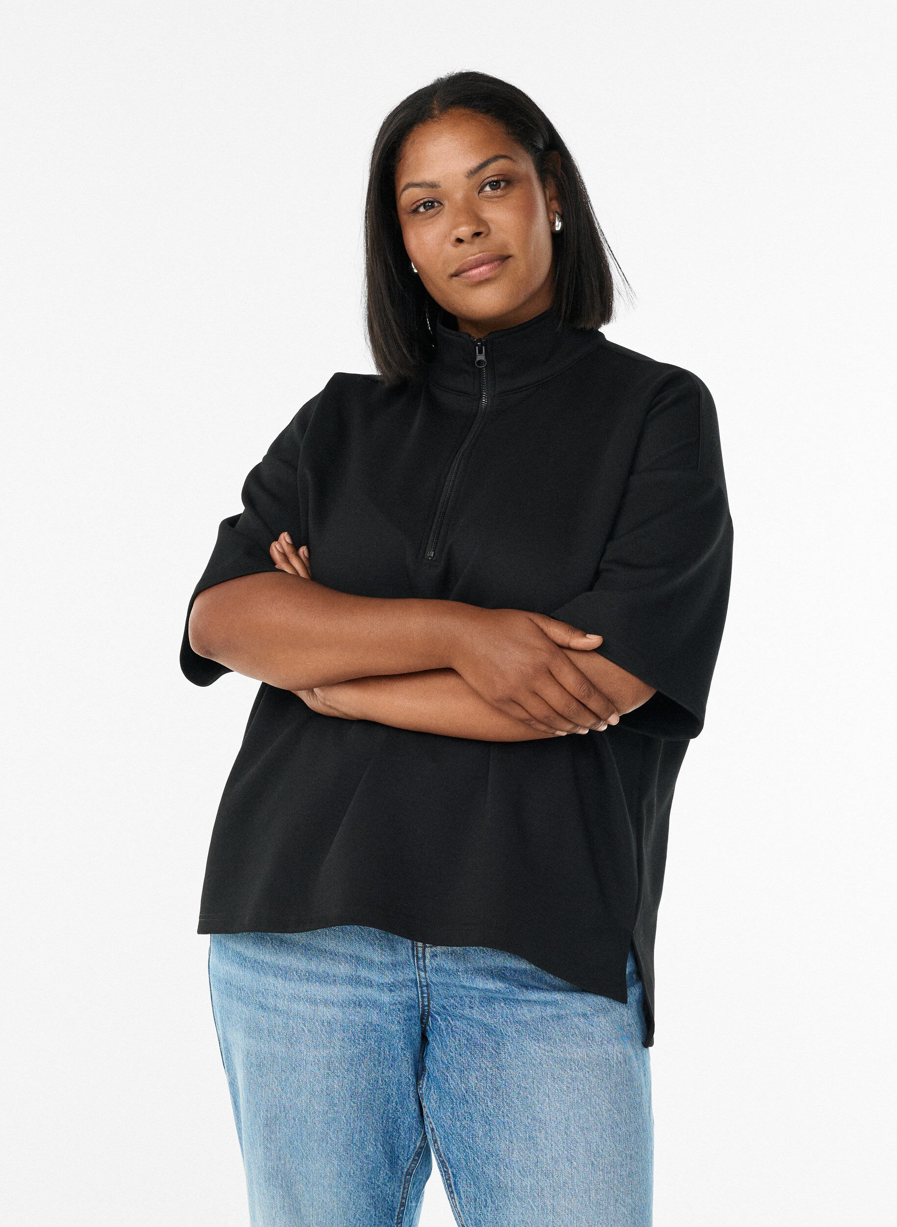 Short-sleeved sweatshirt with a high collar, Black, Model