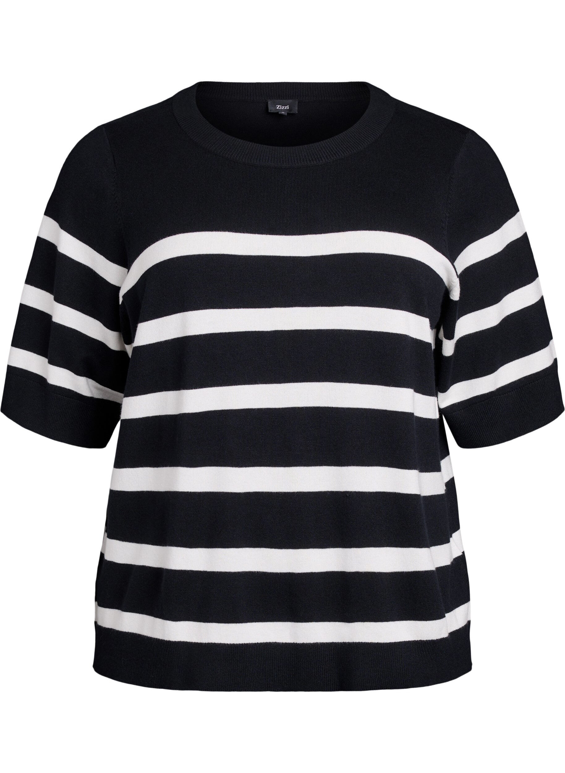 Zizzifashion Striped knit top with short sleeves, Black, Packshot image number 0