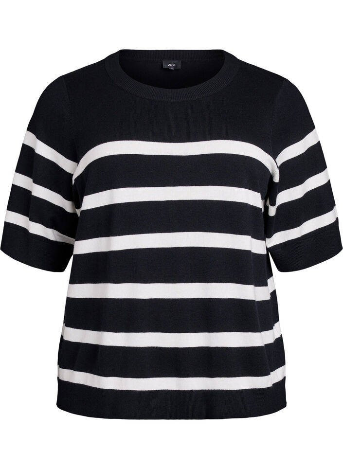 Striped knit top with short sleeves, Black, Packshot image number 0