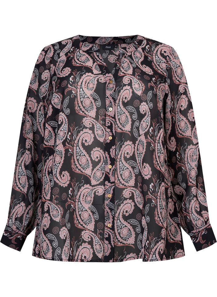 Printed v-neck shirt, Black/Beige Paisley, Packshot image number 0