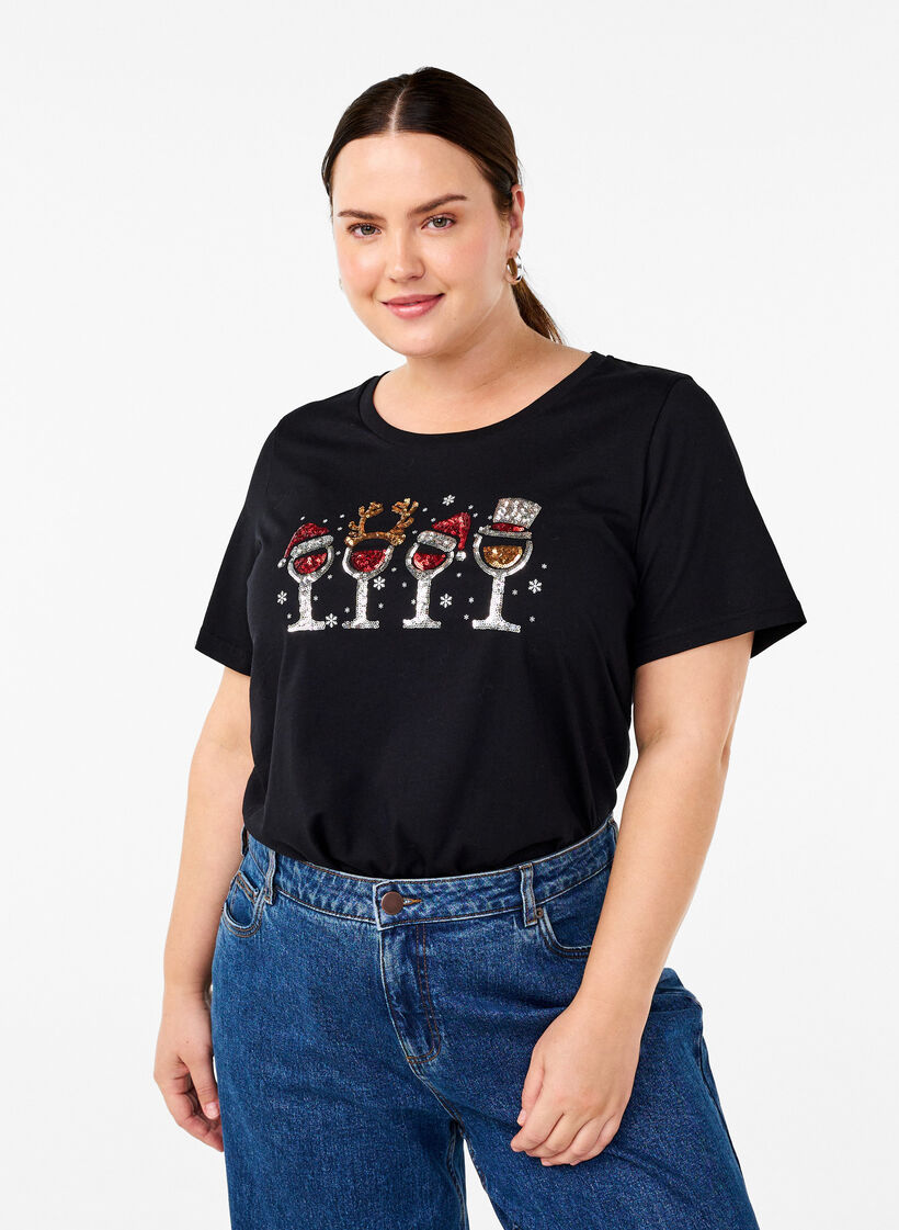 Christmas t-shirts in 100% cotton, Black w. Drinks, Model image number 0