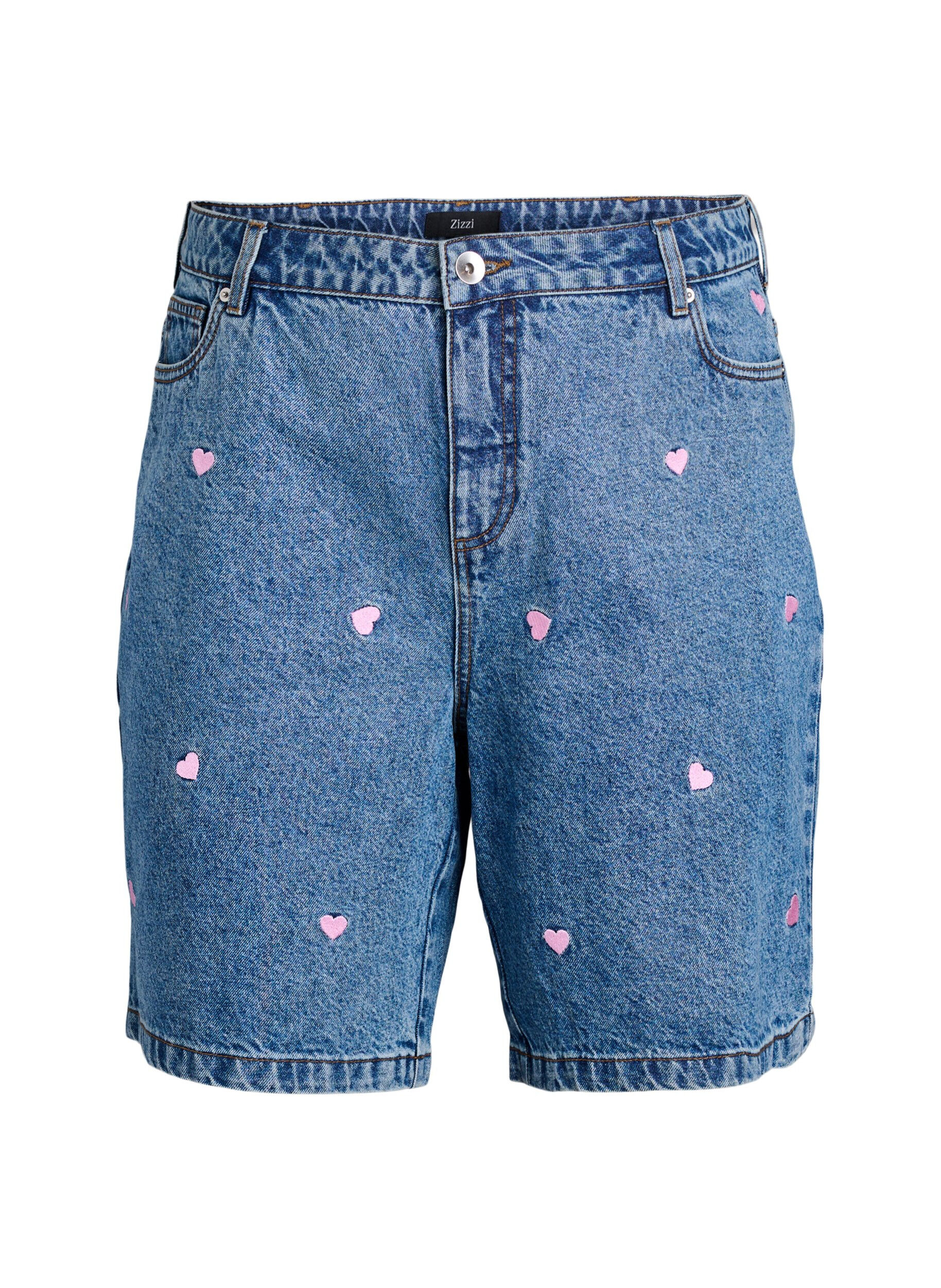 Zizzifashion High-waist denim shorts with embroidered hearts, Light Blue, Packshot image number 0