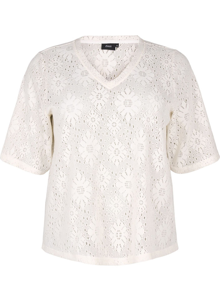 Blouse with an openwork pattern and short sleeves, Beige, Packshot image number 0