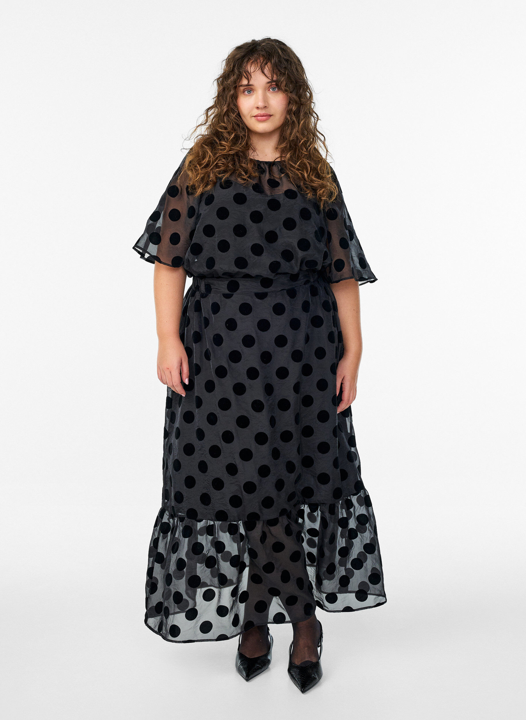 Midi skirt in organza-look with velvet dots, Black, Model