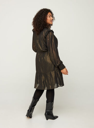 Long-sleeved dress with smocking and ruffles, Black w. Gold, Model image number 1