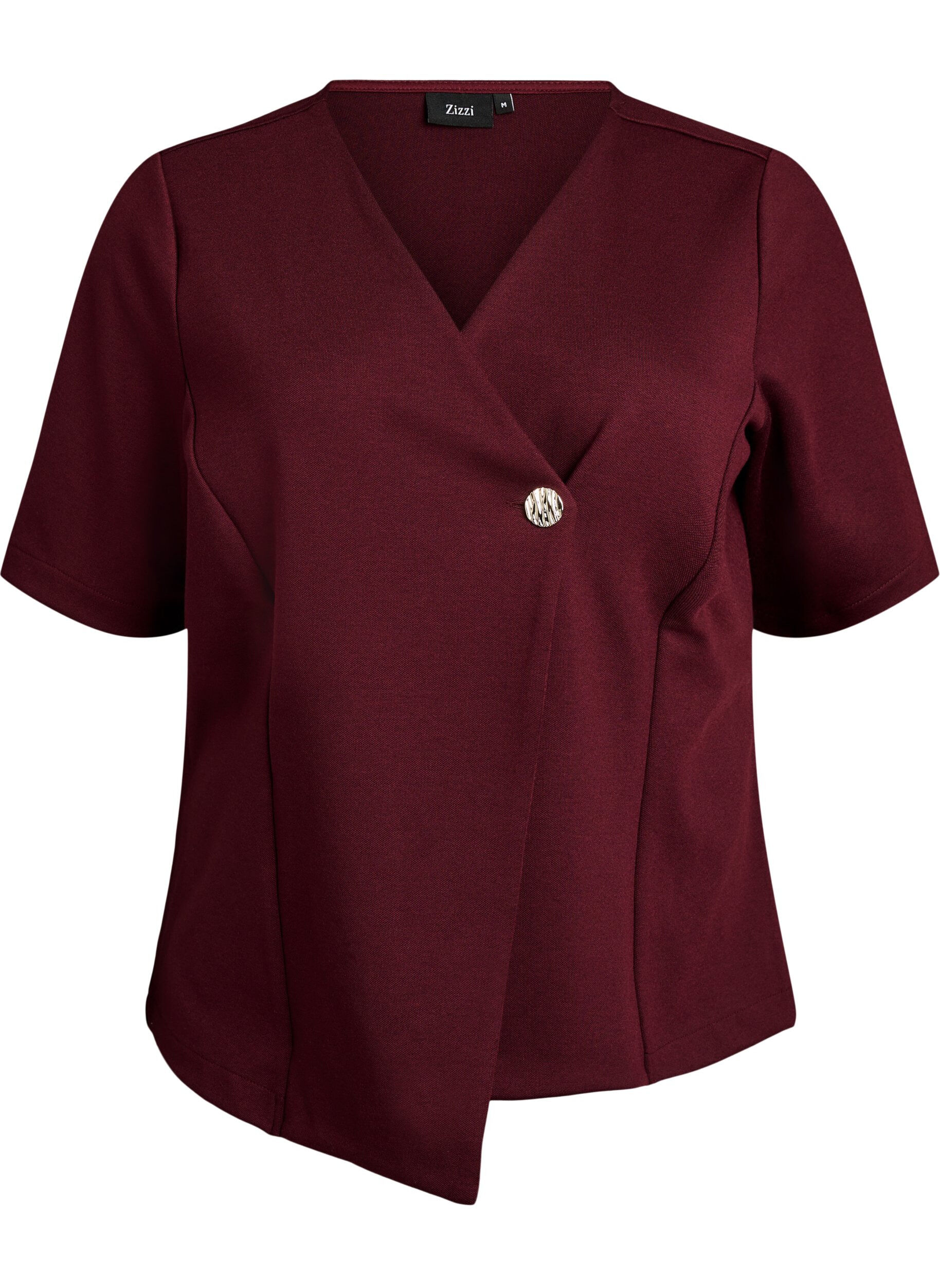 Blouse with asymmetric wrap effect and short sleeves