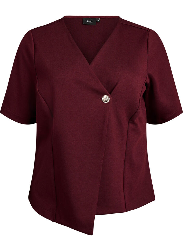 Blouse with asymmetric wrap effect and short sleeves, Red, Packshot image number 0