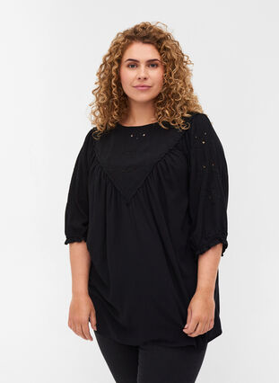 Viscose blouse with embroidery and 2/4-length sleeves, Black, Model image number 0