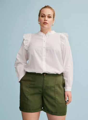Cotton shirt with broderie anglaise, Bright White, Image image number 0