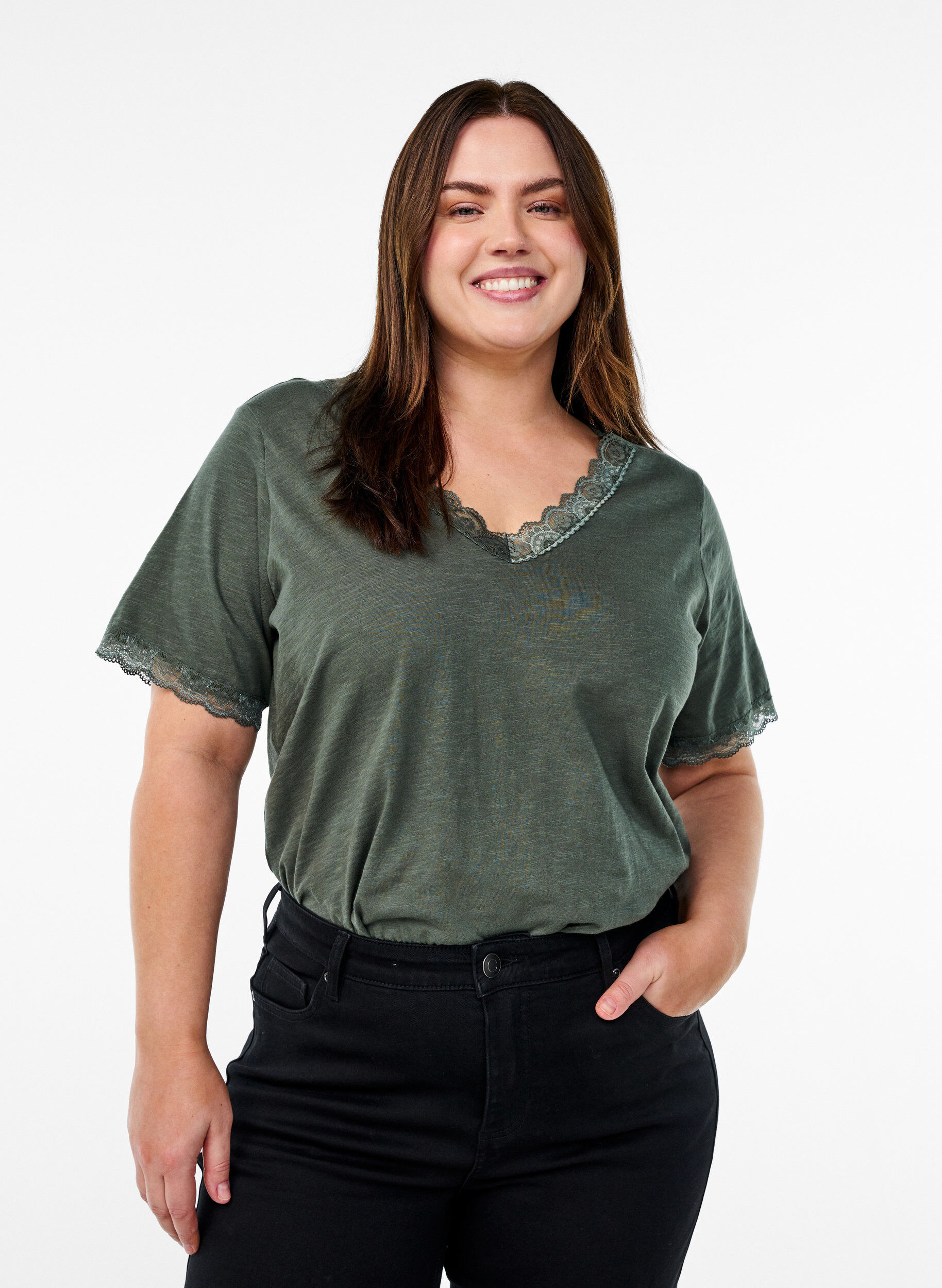 Zizzifashion T-shirt with lace trim, Green, Model image number 0
