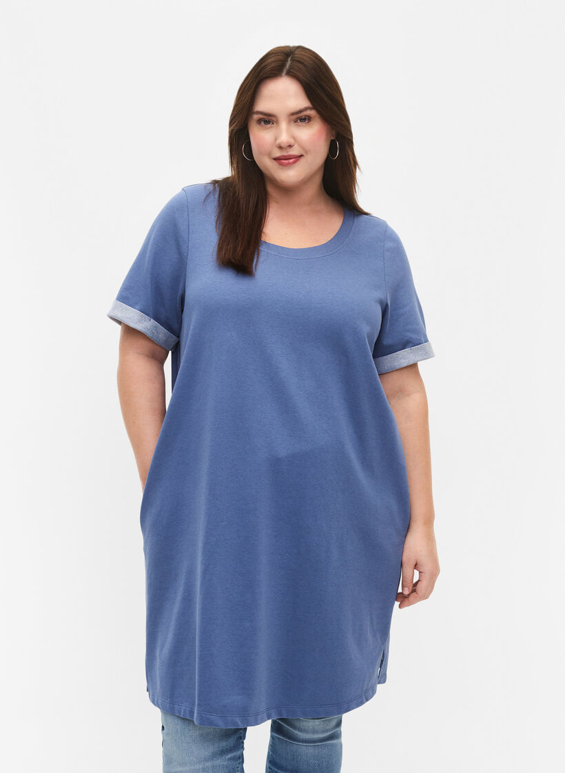 Short-sleeved sweat dress with pockets, Moonlight Blue, Model image number 0