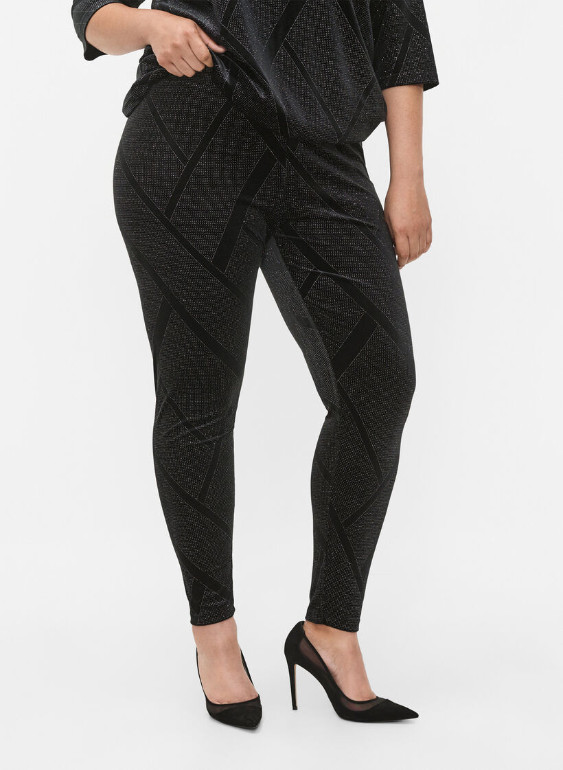 Velour leggings with glitter and pattern, Black, Model image number 1
