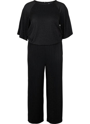 Short-sleeved jumpsuit with glitter, Black, Packshot image number 0