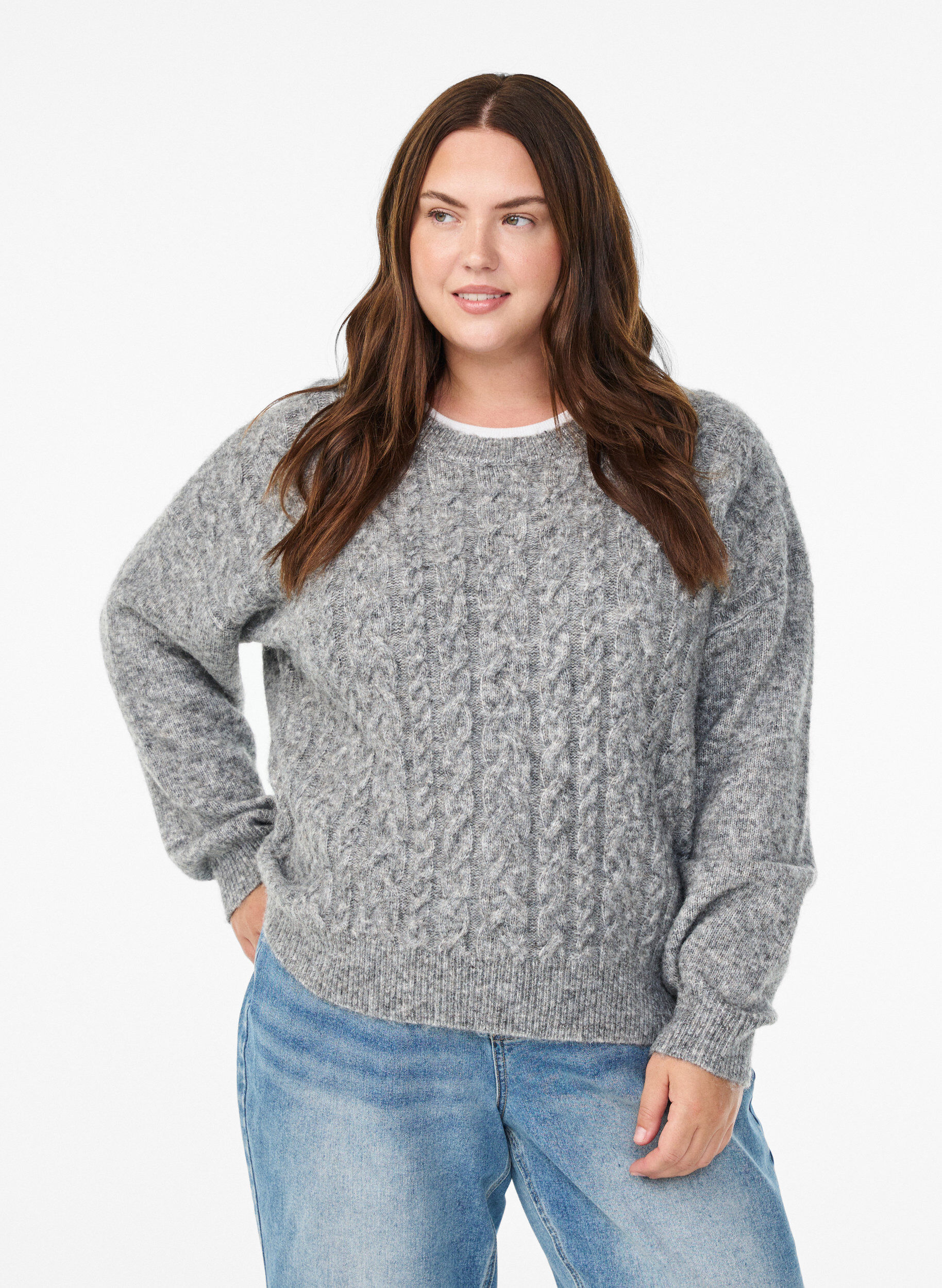 Knitted blouse with cable knit pattern, Grey, Model