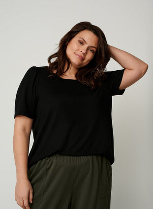 Marled blouse with short puff sleeves, Black, Model image number 0