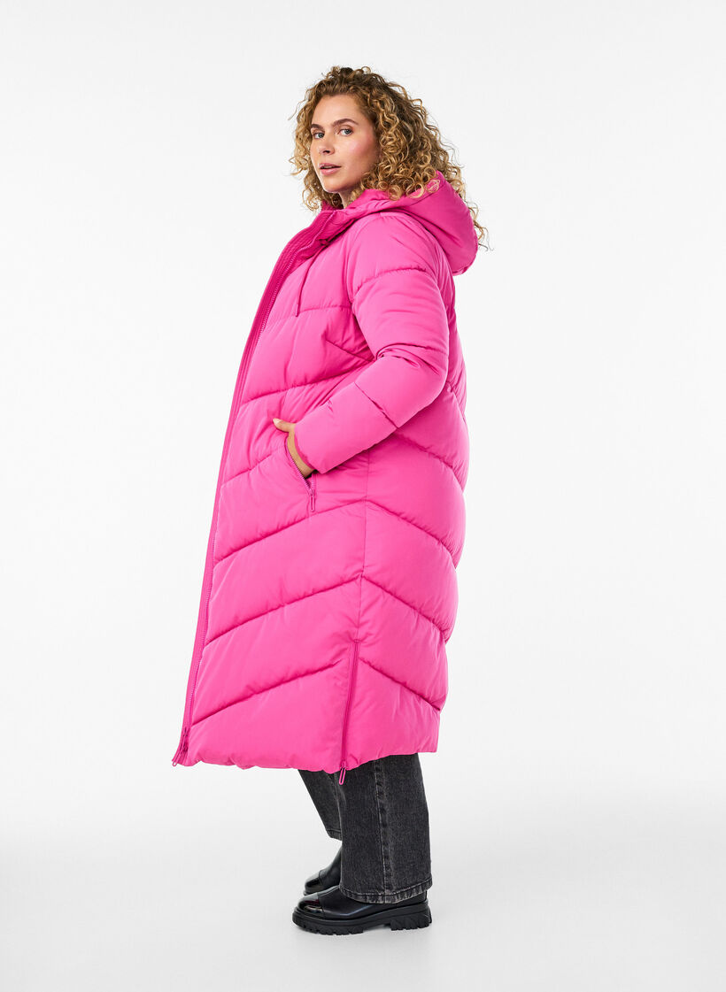 Long puffer coat with hood and pockets, Rose, Model image number 2