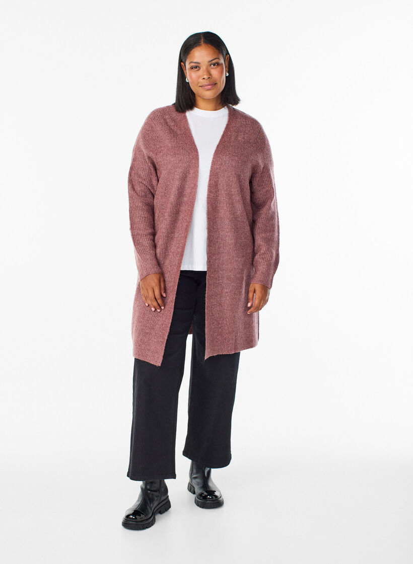 Long ribbed cardigan with an open front, Rose, Model image number 1