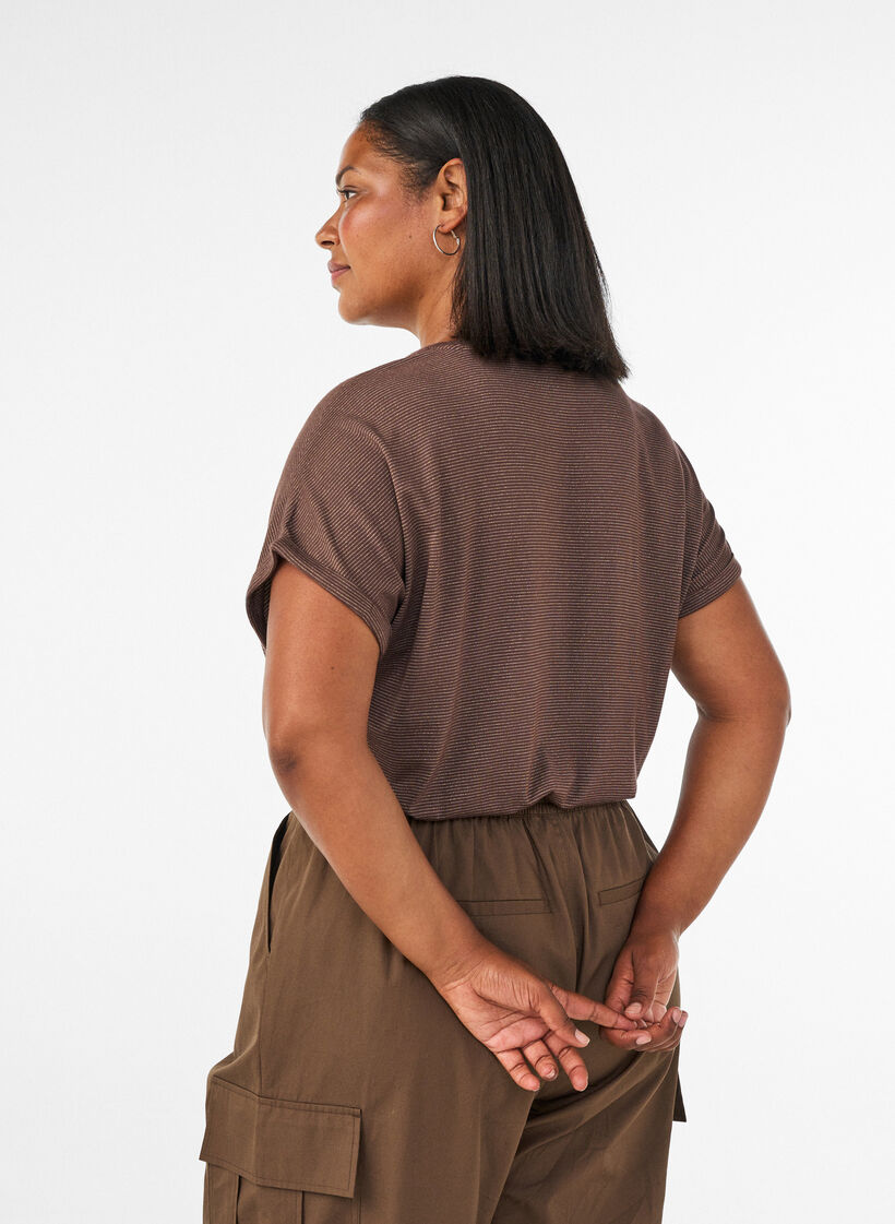 Viscose T-shirt with glitter stripes, Brown, Model image number 2