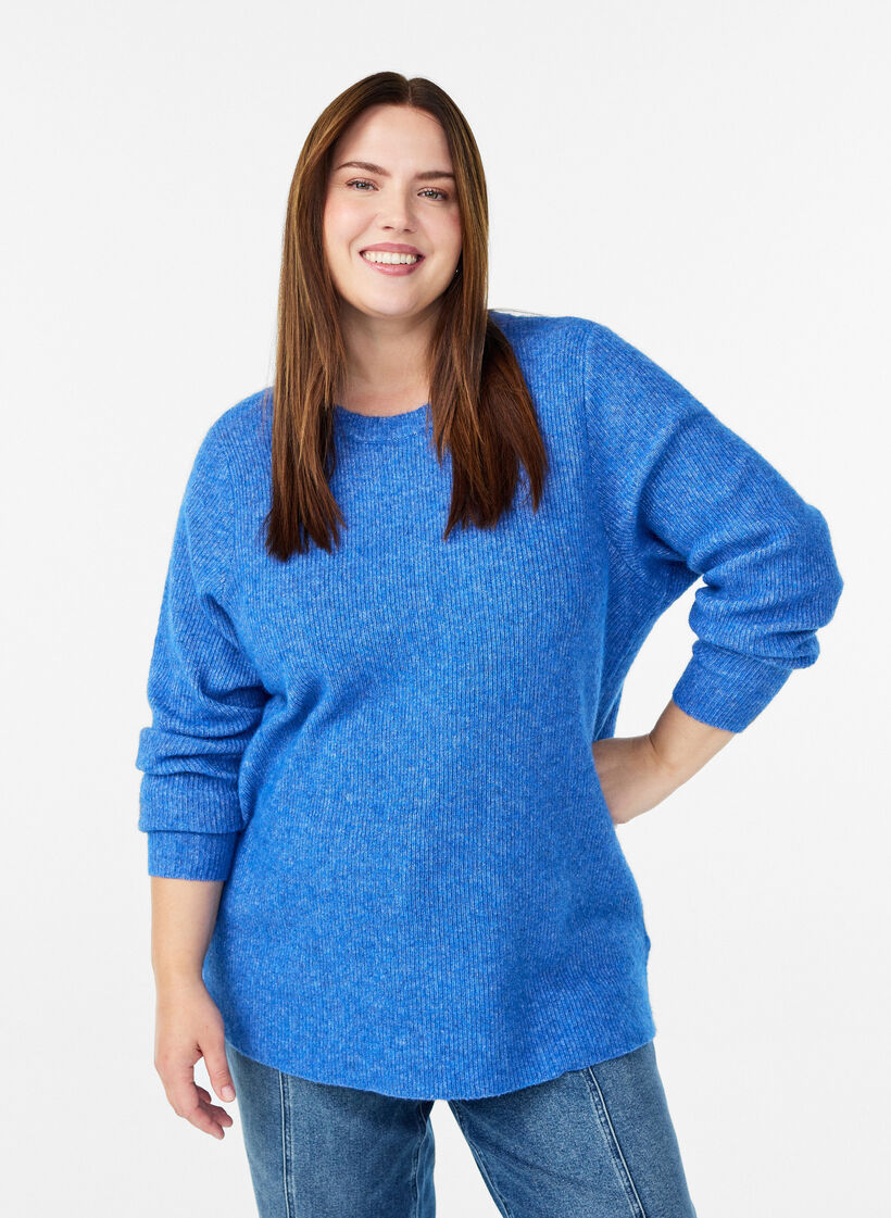 Melange knit blouse with round neck, Blue, Model image number 0
